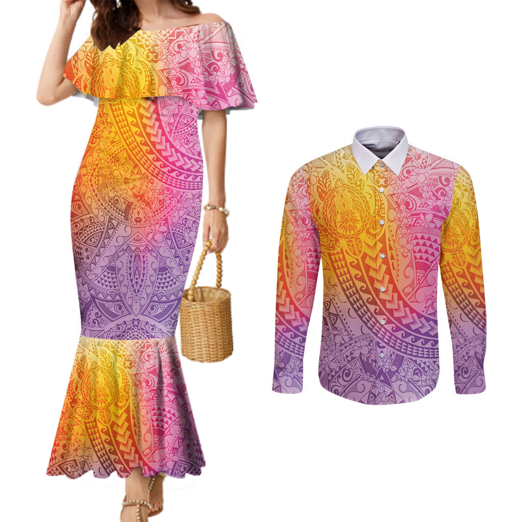 Hawaiian Turtles and Leis Couples Matching Mermaid Dress and Long Sleeve Button Shirt Tribal Kakau Pattern Magical Rainbow Sky LT03 Multicolor - Polynesian Pride