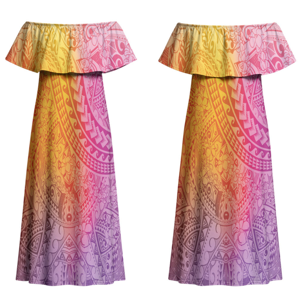 Hawaiian Turtles and Leis Couples Matching Off Shoulder Maxi Dress and Long Sleeve Button Shirt Tribal Kakau Pattern Magical Rainbow Sky LT03 - Polynesian Pride