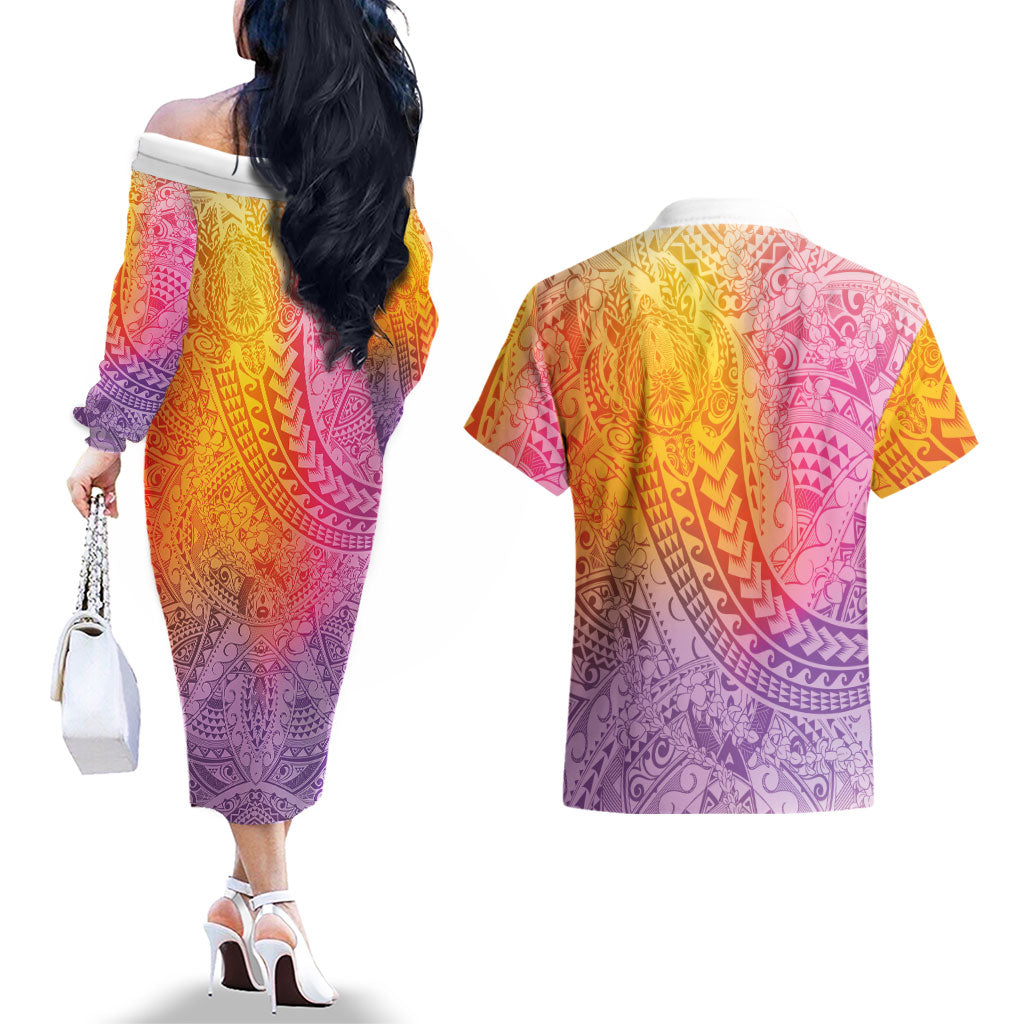Hawaiian Turtles and Leis Couples Matching Off The Shoulder Long Sleeve Dress and Hawaiian Shirt Tribal Kakau Pattern Magical Rainbow Sky
