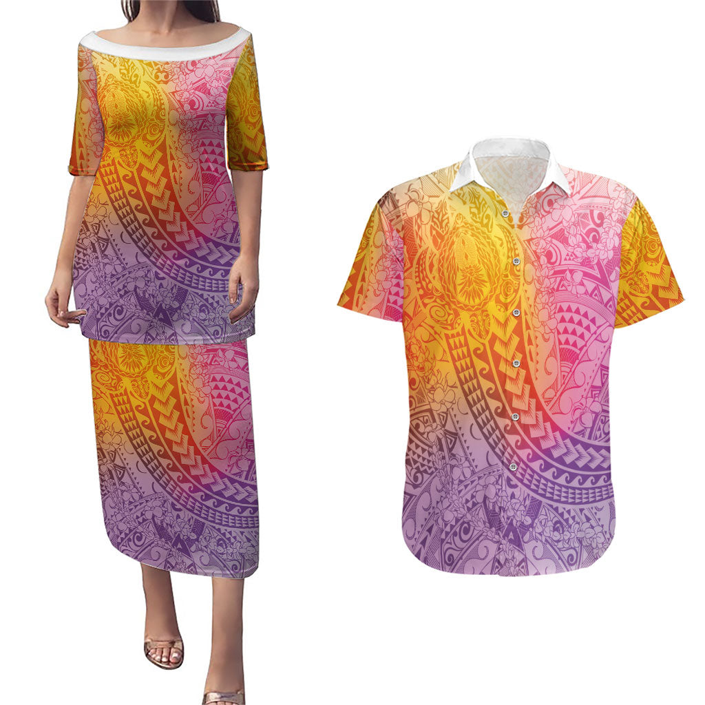 Hawaiian Turtles and Leis Couples Matching Puletasi and Hawaiian Shirt Tribal Kakau Pattern Magical Rainbow Sky LT03 Multicolor - Polynesian Pride