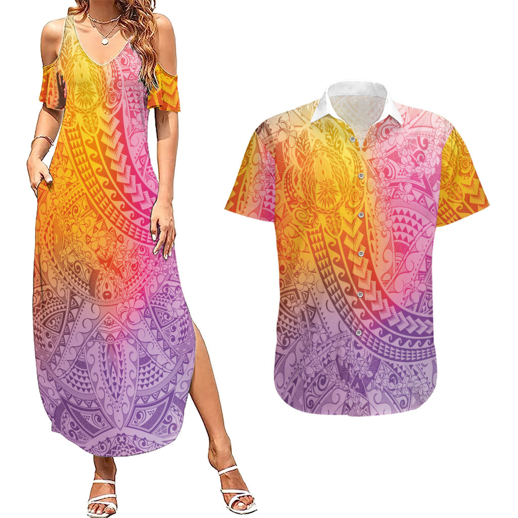 Hawaiian Turtles and Leis Couples Matching Summer Maxi Dress and Hawaiian Shirt Tribal Kakau Pattern Magical Rainbow Sky