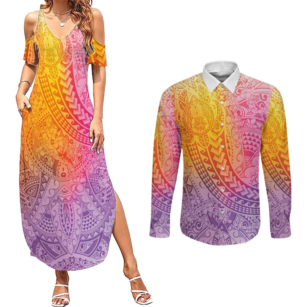 Hawaiian Turtles and Leis Couples Matching Summer Maxi Dress and Long Sleeve Button Shirt Tribal Kakau Pattern Magical Rainbow Sky LT03 Multicolor - Polynesian Pride