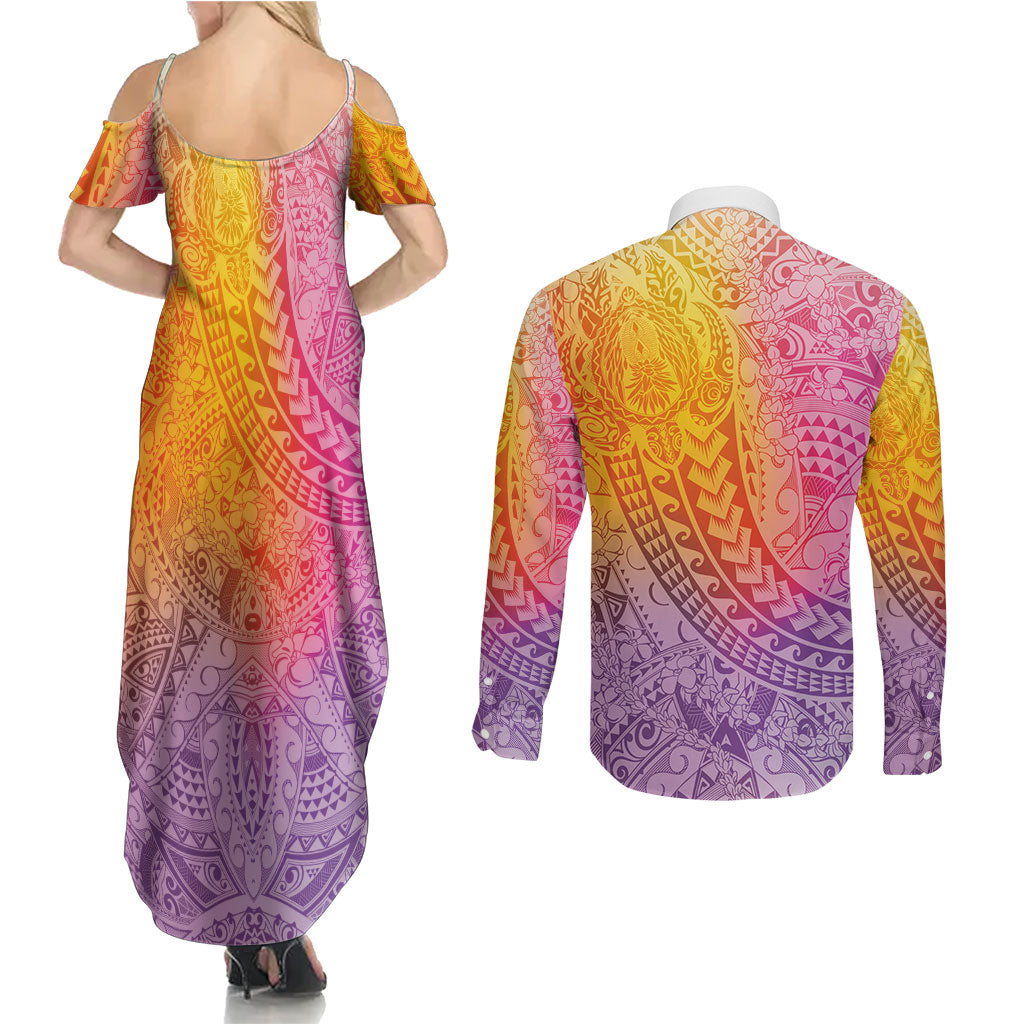 Hawaiian Turtles and Leis Couples Matching Summer Maxi Dress and Long Sleeve Button Shirt Tribal Kakau Pattern Magical Rainbow Sky