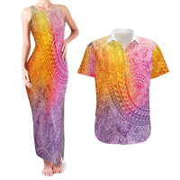 Hawaiian Turtles and Leis Couples Matching Tank Maxi Dress and Hawaiian Shirt Tribal Kakau Pattern Magical Rainbow Sky