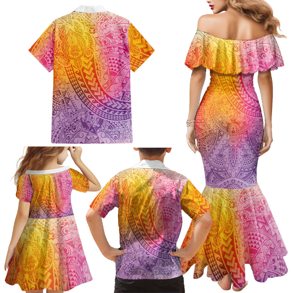Hawaiian Turtles and Leis Family Matching Mermaid Dress and Hawaiian Shirt Tribal Kakau Pattern Magical Rainbow Sky