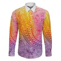 Hawaiian Turtles and Leis Family Matching Off The Shoulder Long Sleeve Dress and Hawaiian Shirt Tribal Kakau Pattern Magical Rainbow Sky