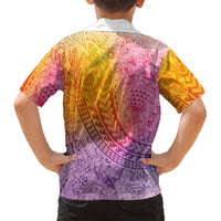 Hawaiian Turtles and Leis Family Matching Off Shoulder Short Dress and Hawaiian Shirt Tribal Kakau Pattern Magical Rainbow Sky