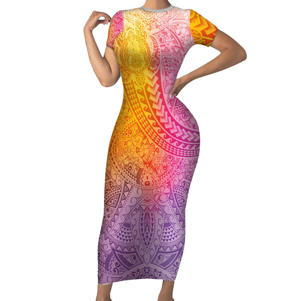 Hawaiian Turtles and Leis Family Matching Short Sleeve Bodycon Dress and Hawaiian Shirt Tribal Kakau Pattern Magical Rainbow Sky