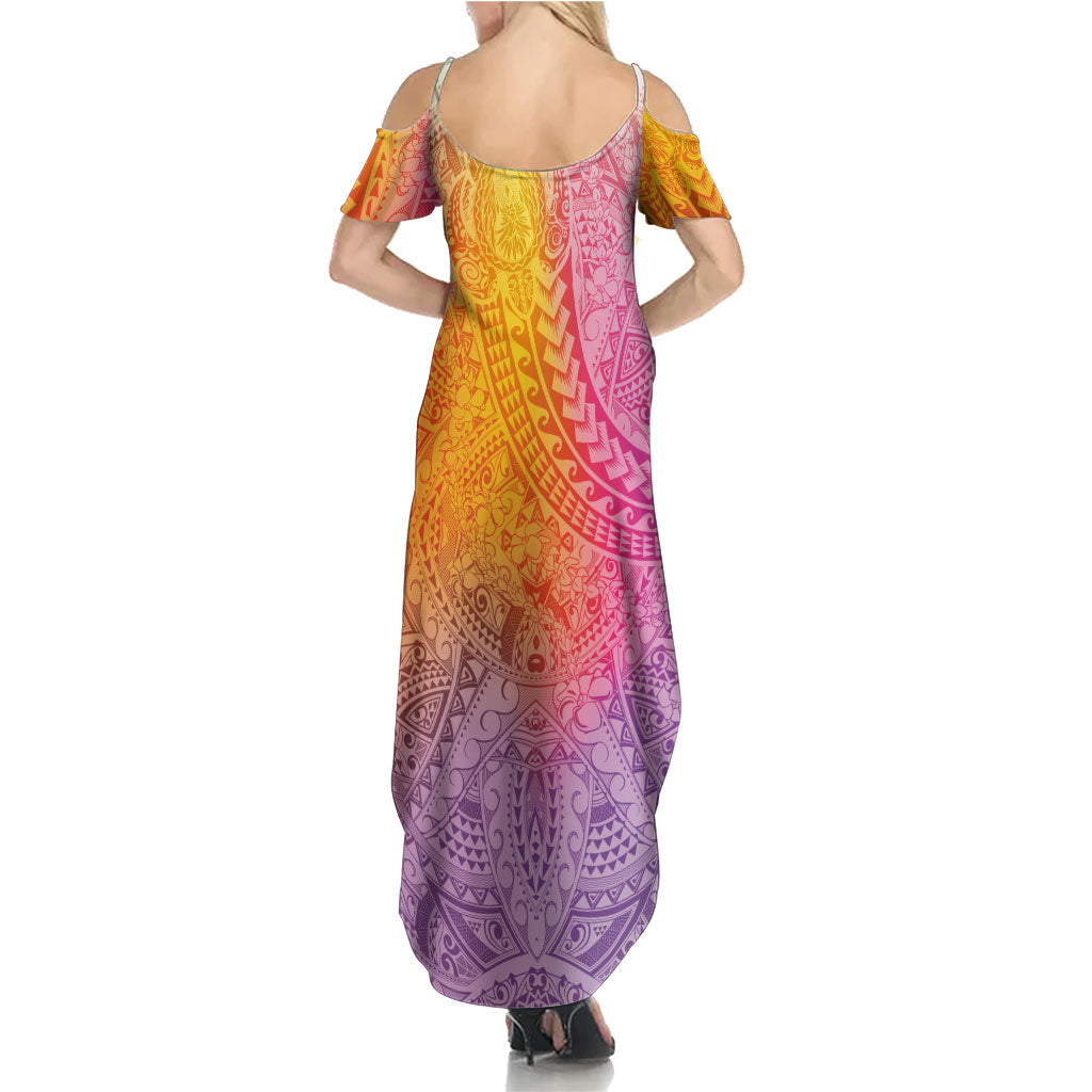 Hawaiian Turtles and Leis Family Matching Summer Maxi Dress and Hawaiian Shirt Tribal Kakau Pattern Magical Rainbow Sky