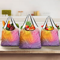 Hawaiian Turtles and Leis Grocery Bag Tribal Kakau Pattern Magical Rainbow Sky