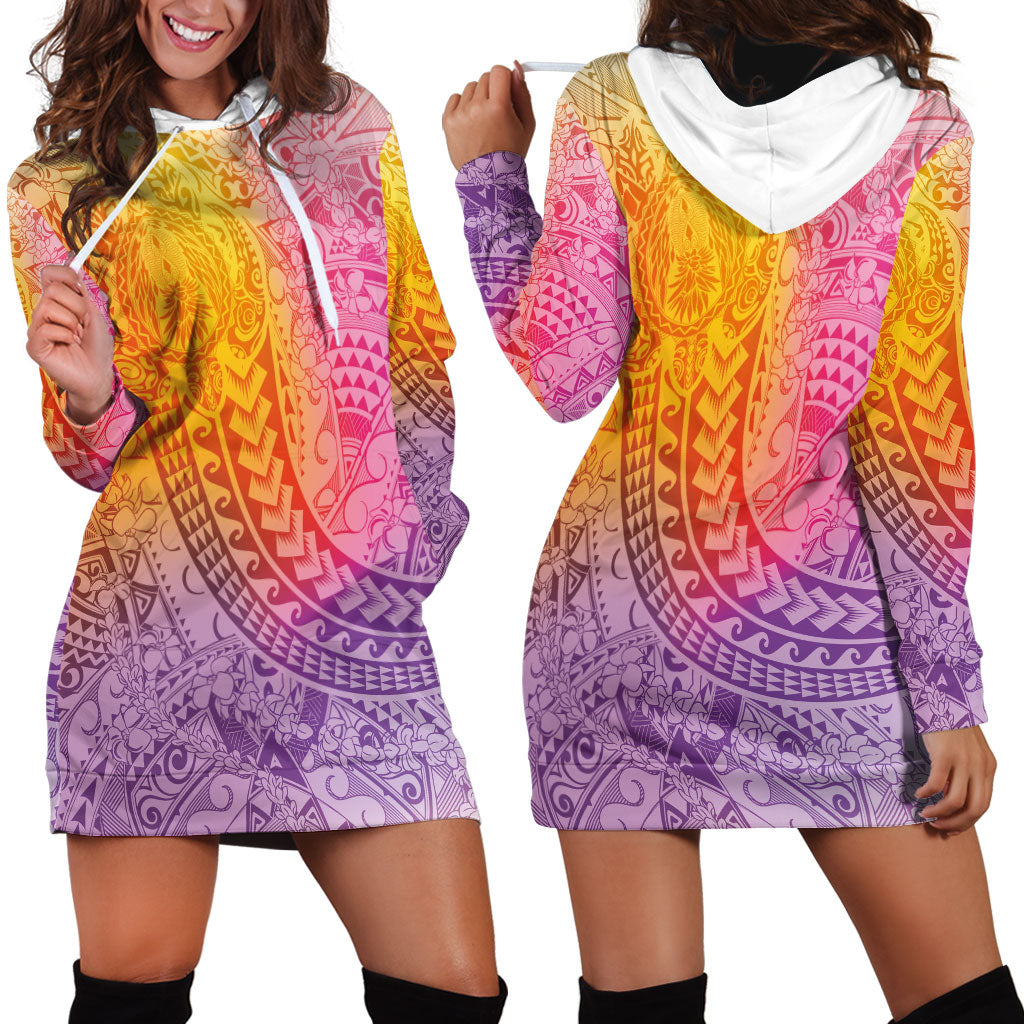 Hawaiian Turtles and Leis Hoodie Dress Tribal Kakau Pattern Magical Rainbow Sky