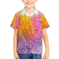Hawaiian Turtles and Leis Kid Hawaiian Shirt Tribal Kakau Pattern Magical Rainbow Sky