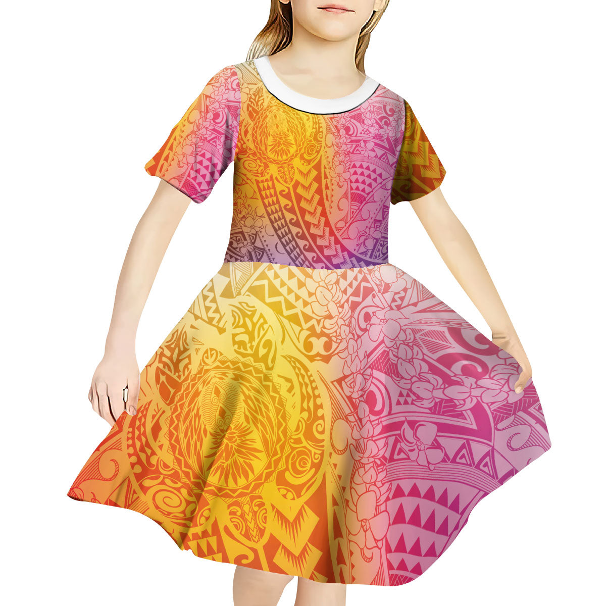 Hawaiian Turtles and Leis Kid Short Sleeve Dress Tribal Kakau Pattern Magical Rainbow Sky