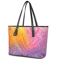 Hawaiian Turtles and Leis Leather Tote Bag Tribal Kakau Pattern Magical Rainbow Sky
