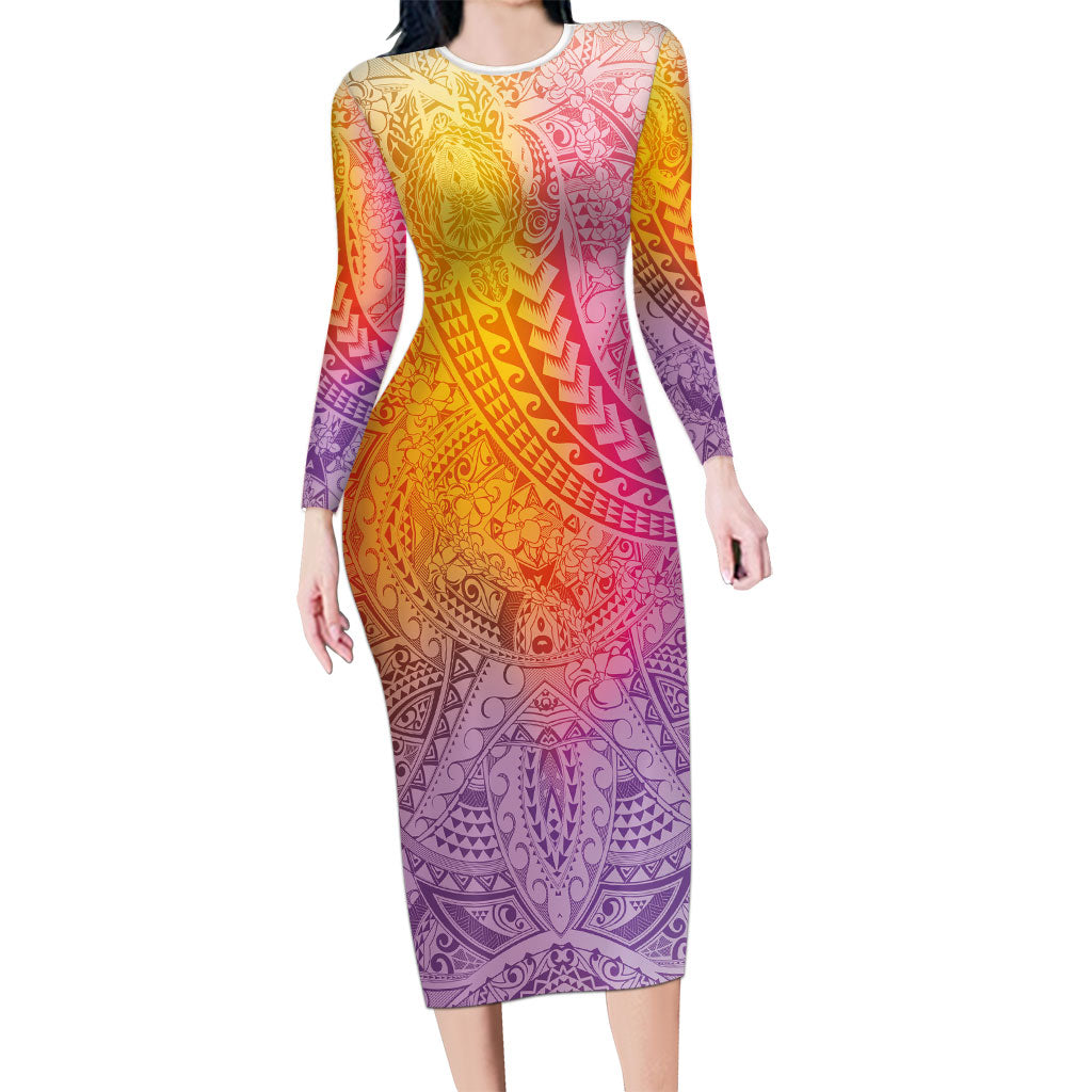 Hawaiian Turtles and Leis Long Sleeve Bodycon Dress Tribal Kakau Pattern Magical Rainbow Sky LT03 Long Dress Multicolor - Polynesian Pride