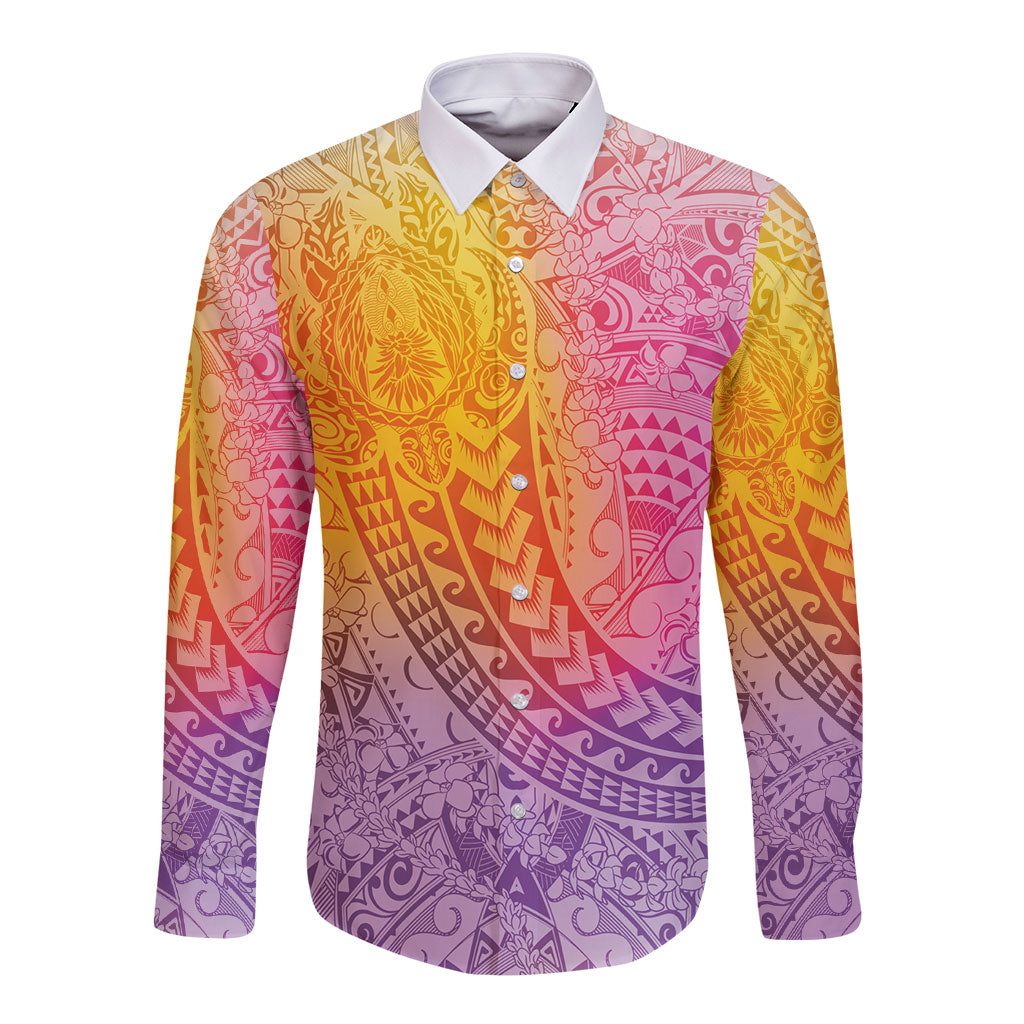 Hawaiian Turtles and Leis Long Sleeve Button Shirt Tribal Kakau Pattern Magical Rainbow Sky LT03 Unisex Multicolor - Polynesian Pride