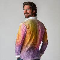 Hawaiian Turtles and Leis Long Sleeve Polo Shirt Tribal Kakau Pattern Magical Rainbow Sky