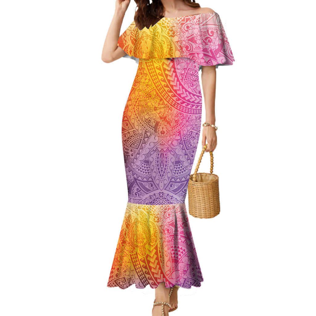 Hawaiian Turtles and Leis Mermaid Dress Tribal Kakau Pattern Magical Rainbow Sky