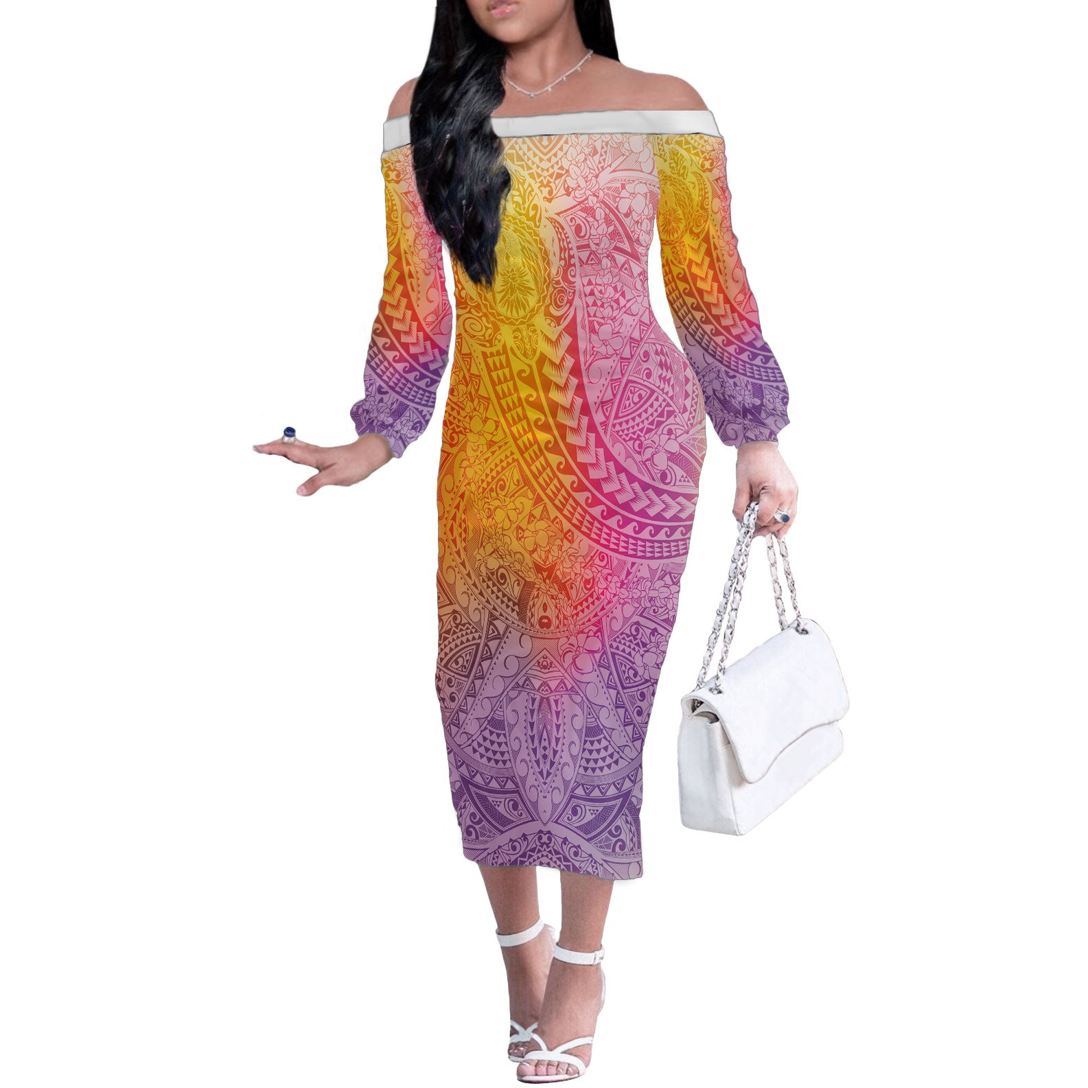 Hawaiian Turtles and Leis Off The Shoulder Long Sleeve Dress Tribal Kakau Pattern Magical Rainbow Sky LT03 Women Multicolor - Polynesian Pride