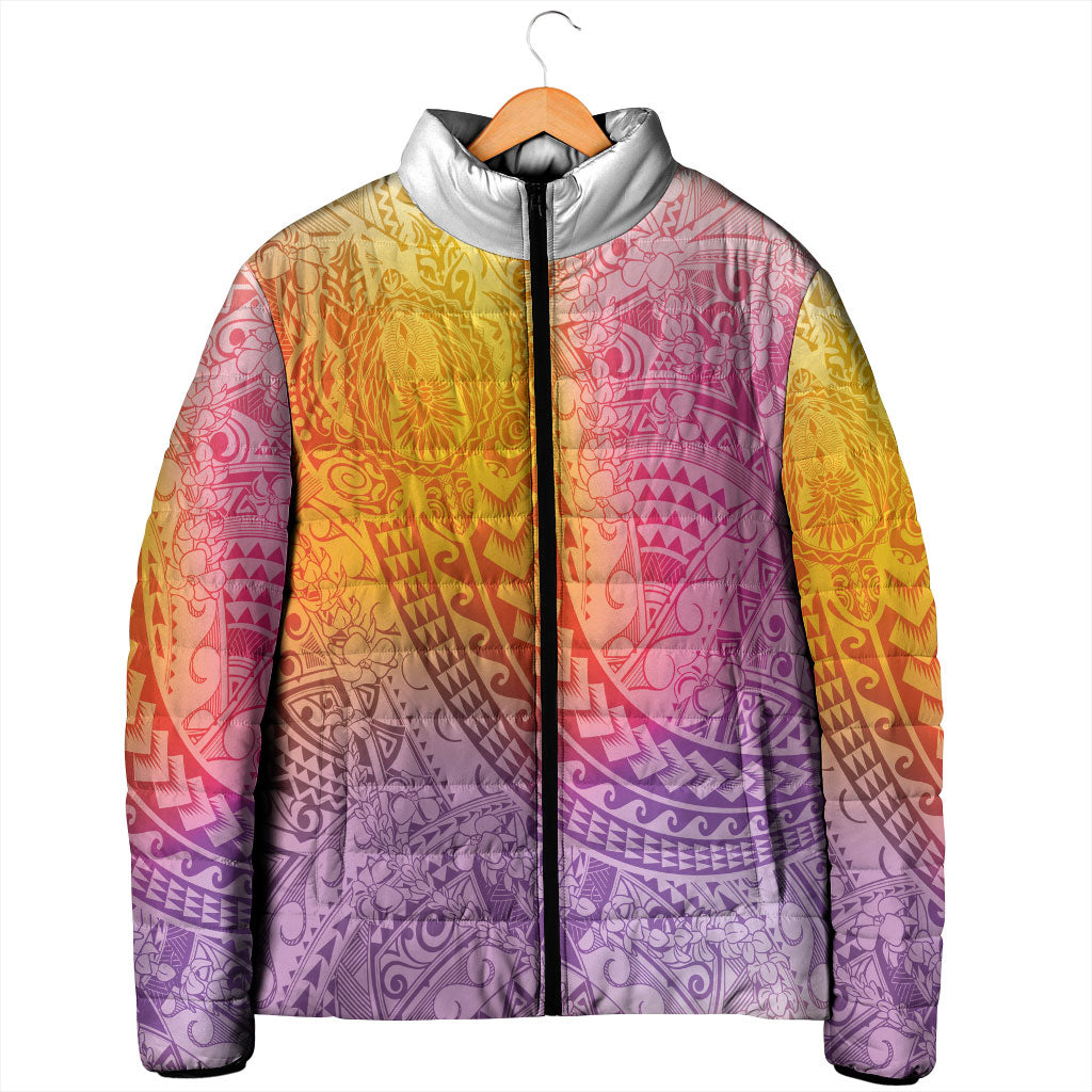 Hawaiian Turtles and Leis Padded Jacket Tribal Kakau Pattern Magical Rainbow Sky