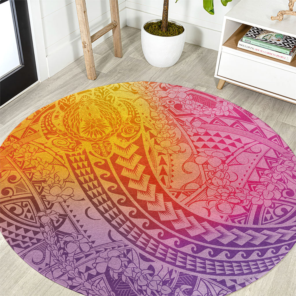 Hawaiian Turtles and Leis Round Carpet Tribal Kakau Pattern Magical Rainbow Sky