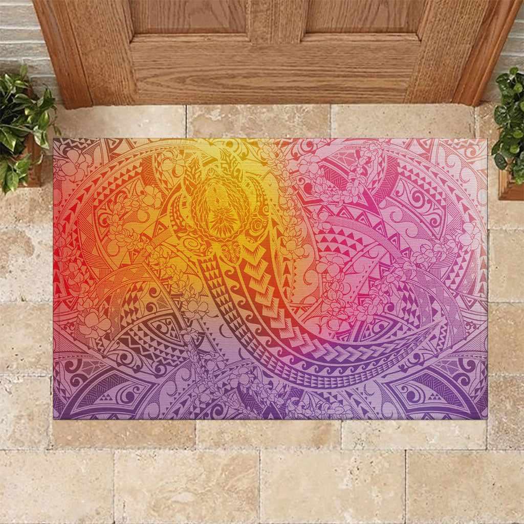 Hawaiian Turtles and Leis Rubber Doormat Tribal Kakau Pattern Magical Rainbow Sky