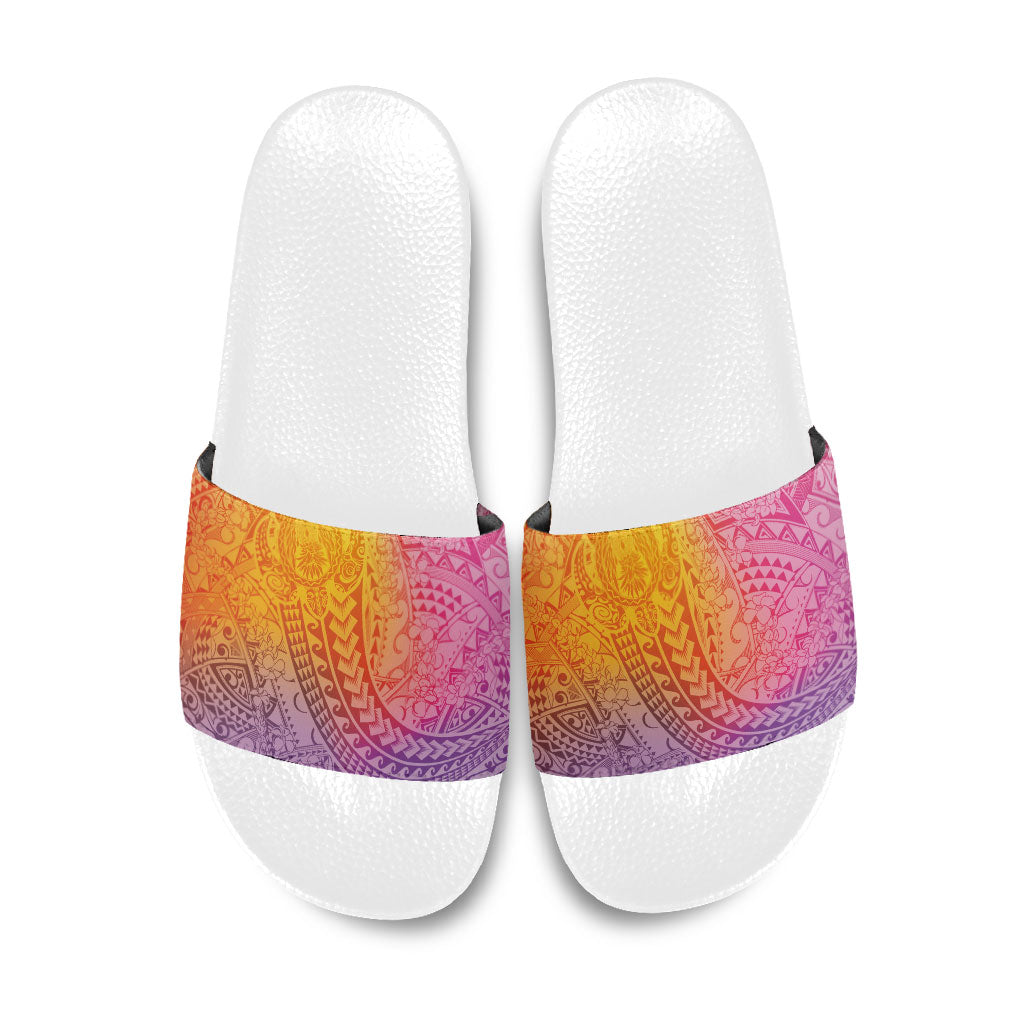 Hawaiian Turtles and Leis Slide Sandals Tribal Kakau Pattern Magical Rainbow Sky