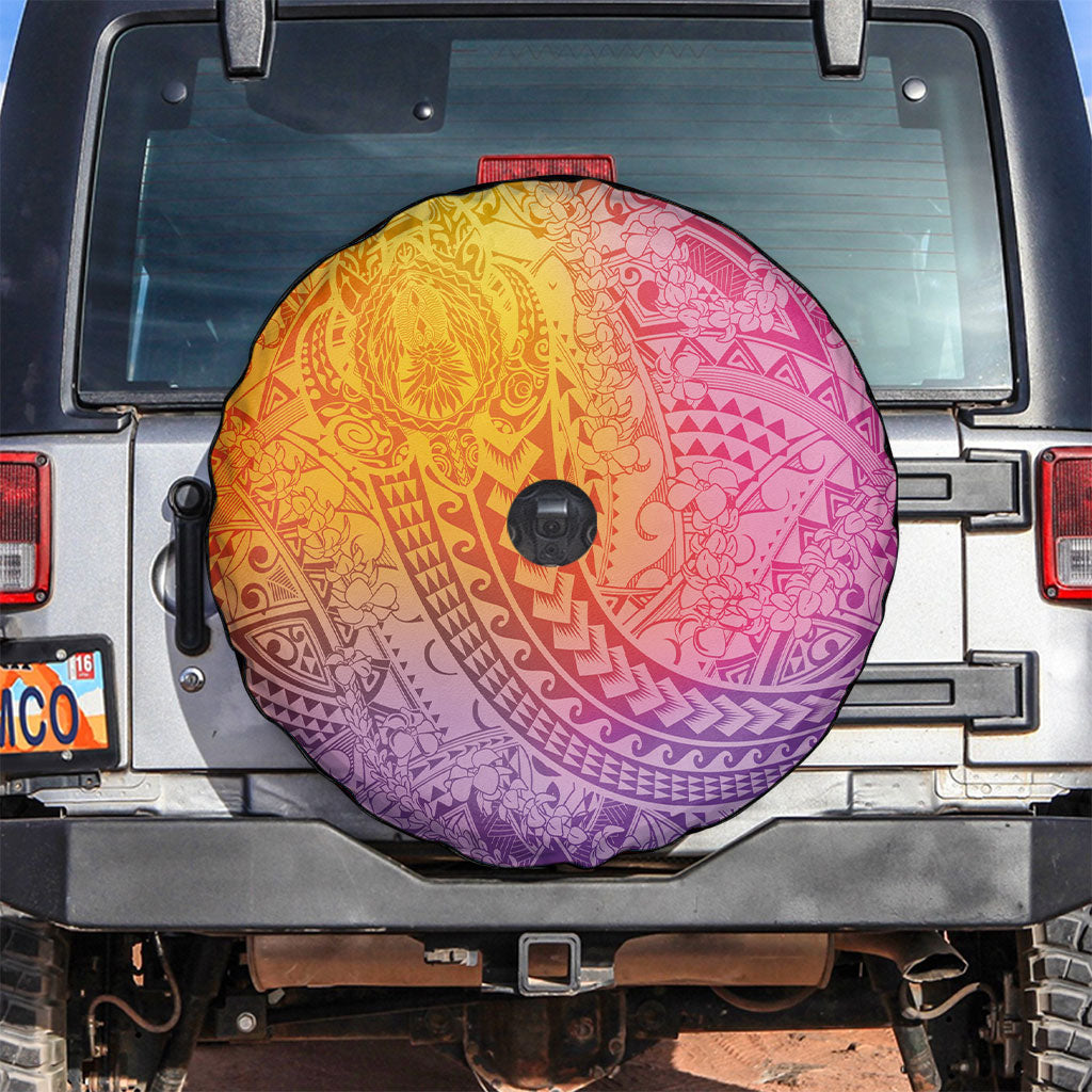 Hawaiian Turtles and Leis Spare Tire Cover Tribal Kakau Pattern Magical Rainbow Sky