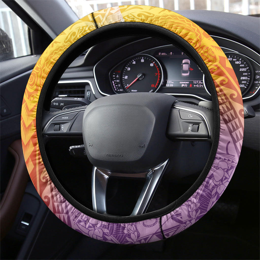 Hawaiian Turtles and Leis Steering Wheel Cover Tribal Kakau Pattern Magical Rainbow Sky
