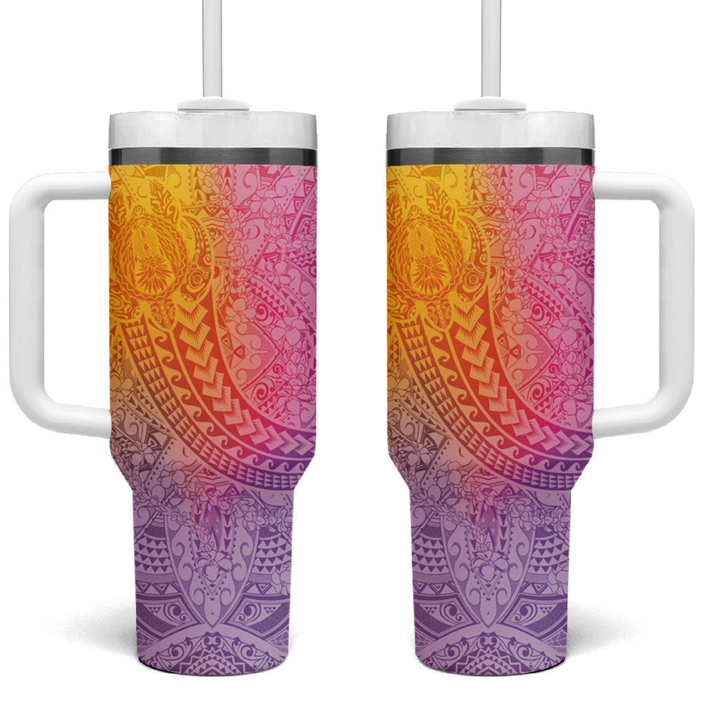 Hawaiian Turtles and Leis Tumbler With Handle Tribal Kakau Pattern Magical Rainbow Sky