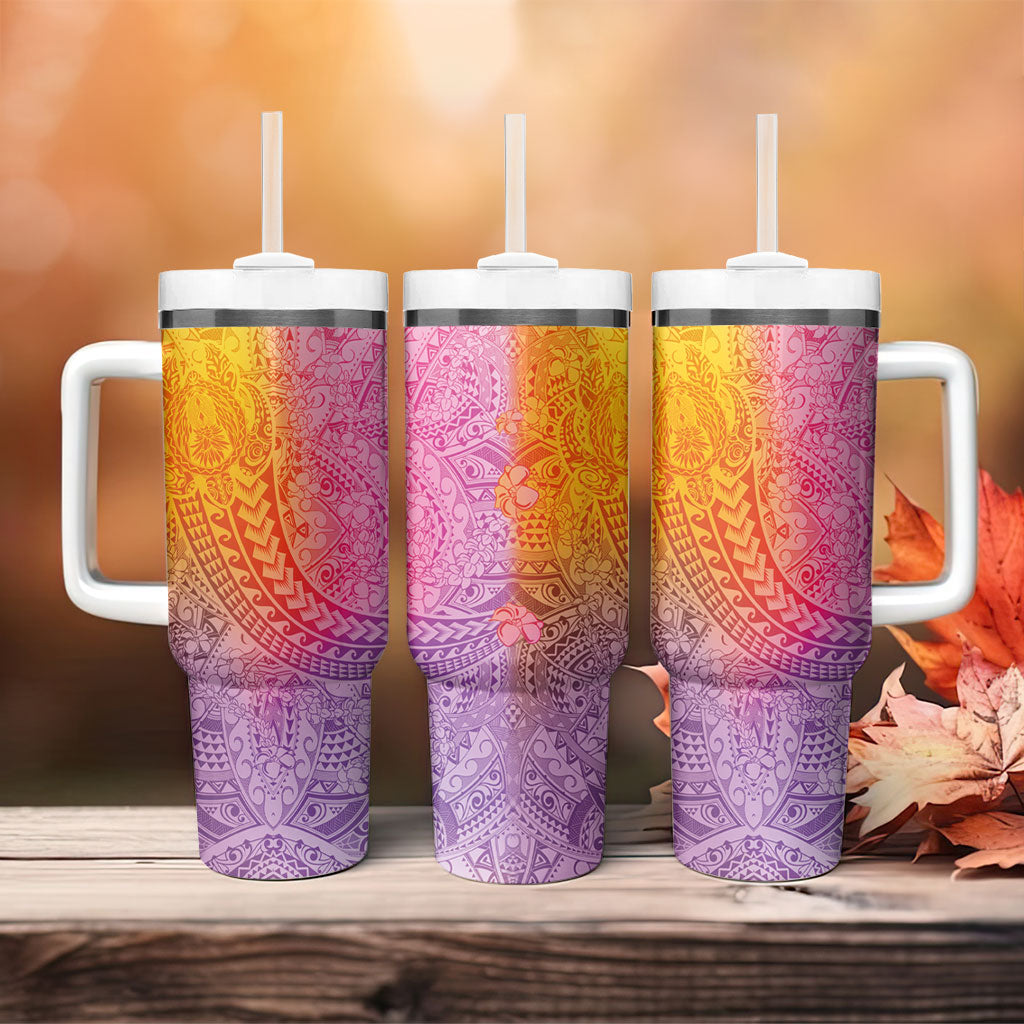 Hawaiian Turtles and Leis Tumbler With Handle Tribal Kakau Pattern Magical Rainbow Sky
