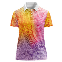 Hawaiian Turtles and Leis Women Polo Shirt Tribal Kakau Pattern Magical Rainbow Sky