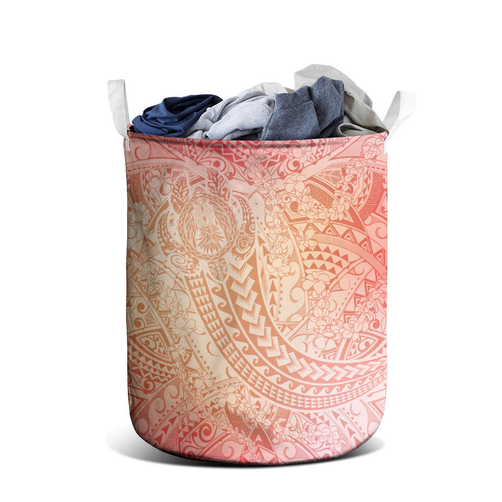 Hawaiian Turtles and Leis Laundry Basket Tribal Kakau Pattern Peach Fuzz Color
