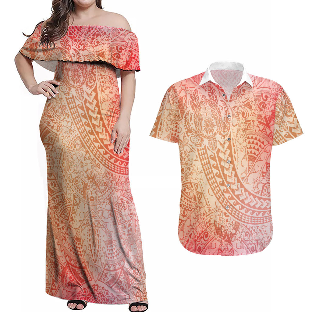 Hawaiian Turtles and Leis Couples Matching Off Shoulder Maxi Dress and Hawaiian Shirt Tribal Kakau Pattern Peach Fuzz Color LT03 Peach Fuzz - Polynesian Pride