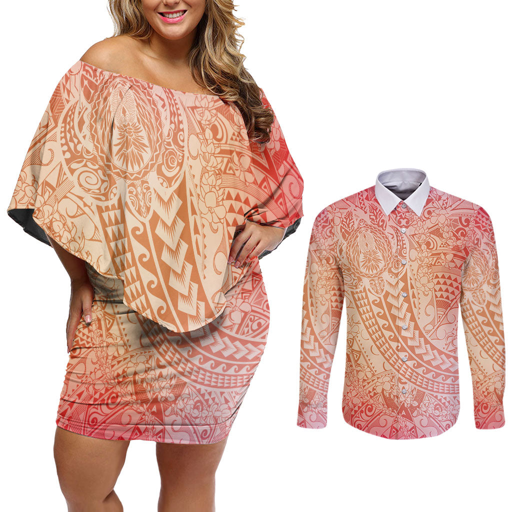 Hawaiian Turtles and Leis Couples Matching Off Shoulder Short Dress and Long Sleeve Button Shirt Tribal Kakau Pattern Peach Fuzz Color LT03 Peach Fuzz - Polynesian Pride