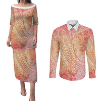Hawaiian Turtles and Leis Couples Matching Puletasi and Long Sleeve Button Shirt Tribal Kakau Pattern Peach Fuzz Color
