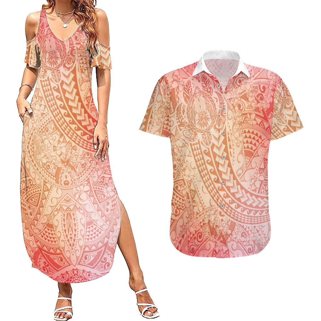 Hawaiian Turtles and Leis Couples Matching Summer Maxi Dress and Hawaiian Shirt Tribal Kakau Pattern Peach Fuzz Color LT03 Peach Fuzz - Polynesian Pride