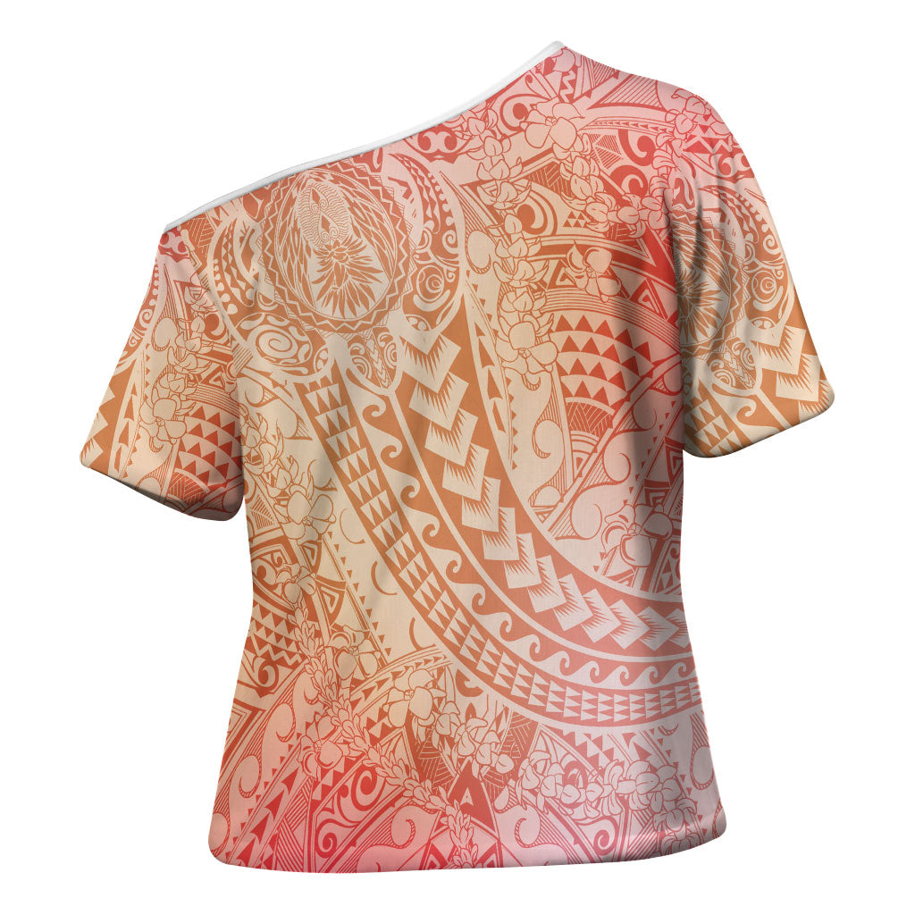 Hawaiian Turtles and Leis Cross Shoulder Shirt Tribal Kakau Pattern Peach Fuzz Color