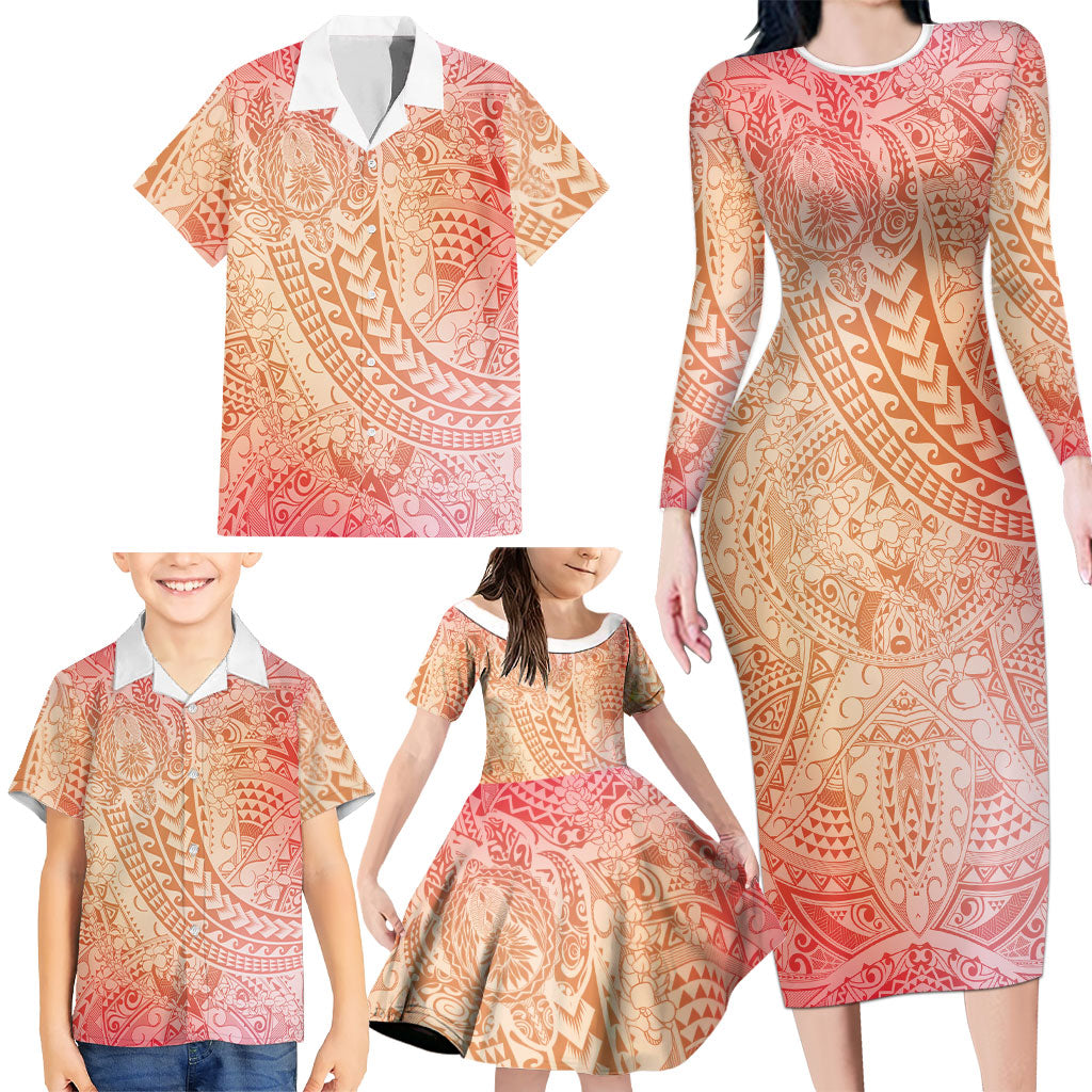 Hawaiian Turtles and Leis Family Matching Long Sleeve Bodycon Dress and Hawaiian Shirt Tribal Kakau Pattern Peach Fuzz Color LT03 - Polynesian Pride