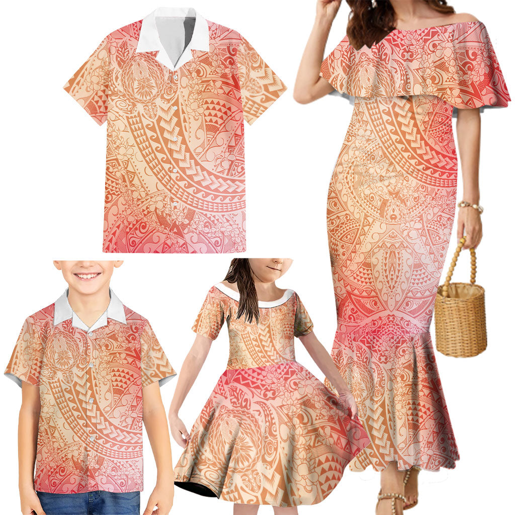 Hawaiian Turtles and Leis Family Matching Mermaid Dress and Hawaiian Shirt Tribal Kakau Pattern Peach Fuzz Color LT03 - Polynesian Pride