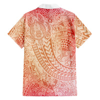 Hawaiian Turtles and Leis Family Matching Off The Shoulder Long Sleeve Dress and Hawaiian Shirt Tribal Kakau Pattern Peach Fuzz Color