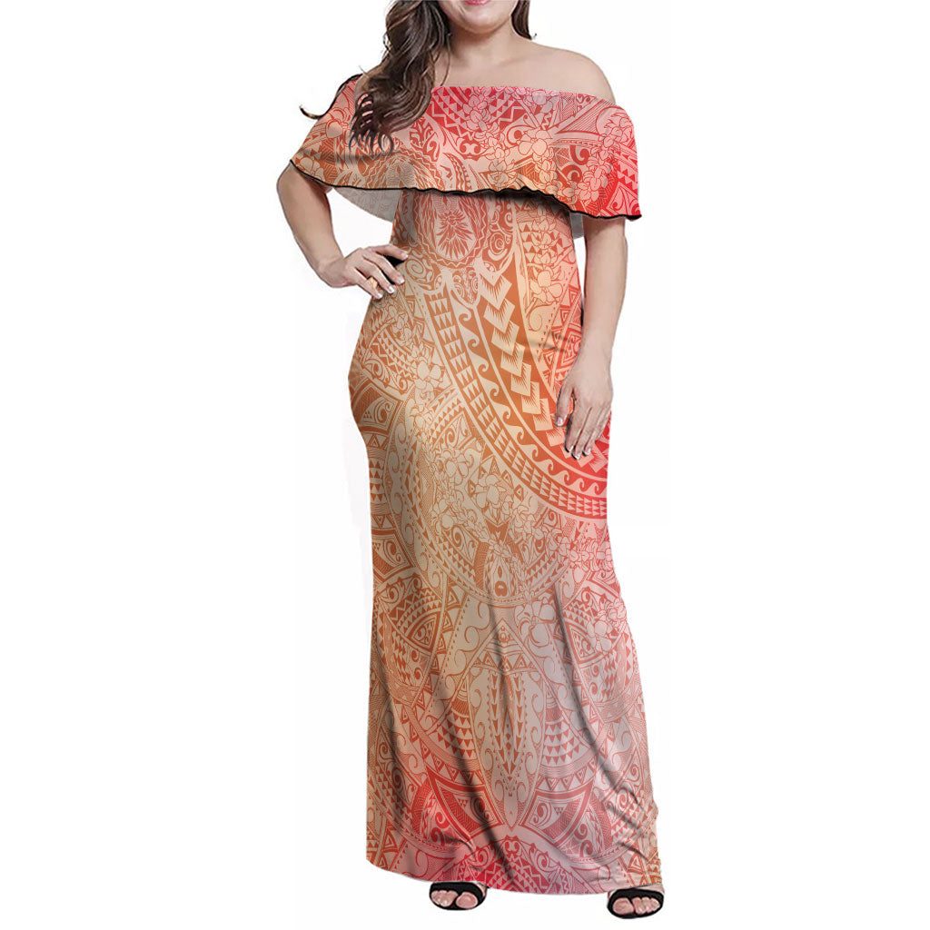 Hawaiian Turtles and Leis Family Matching Off Shoulder Maxi Dress and Hawaiian Shirt Tribal Kakau Pattern Peach Fuzz Color