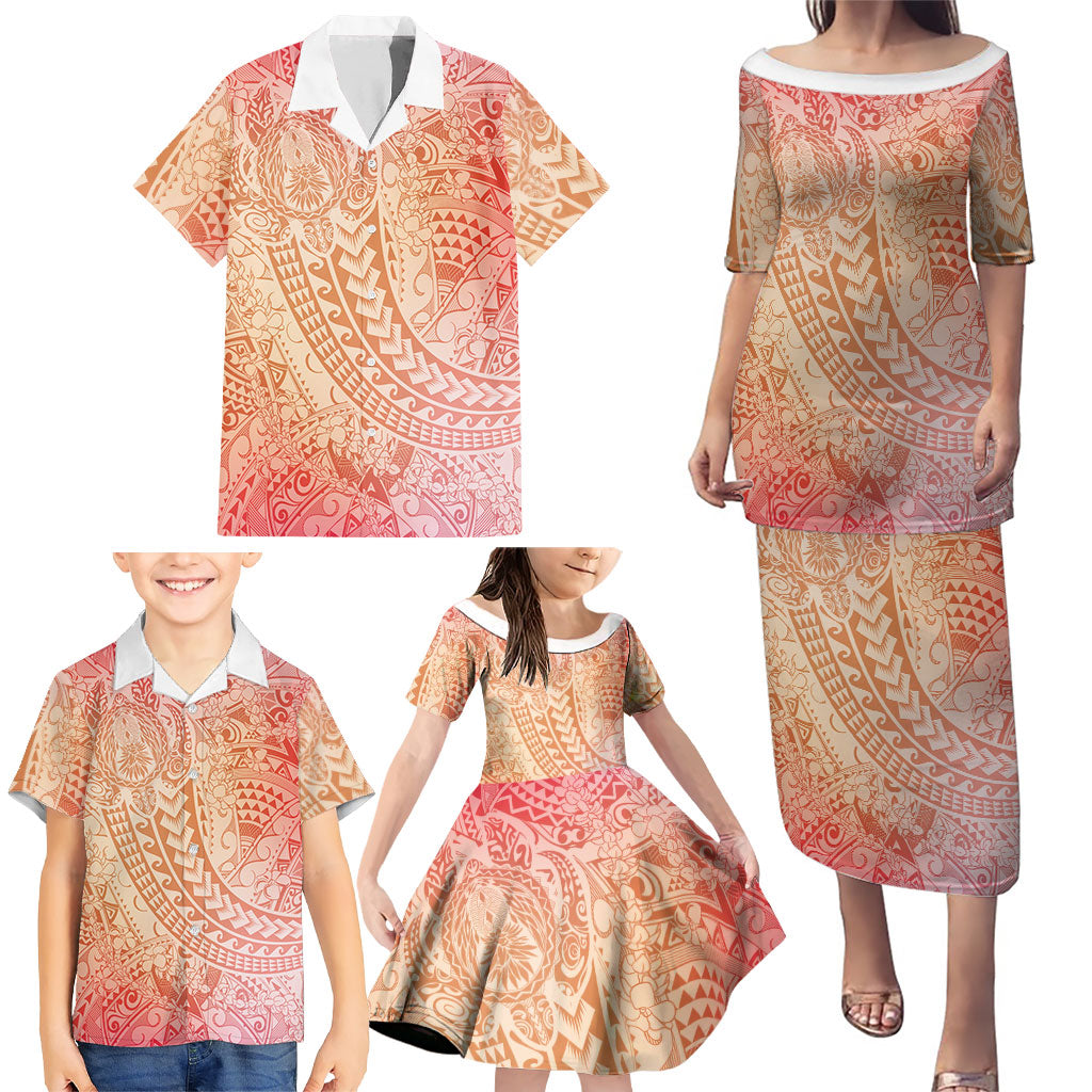 Hawaiian Turtles and Leis Family Matching Puletasi and Hawaiian Shirt Tribal Kakau Pattern Peach Fuzz Color LT03 - Polynesian Pride