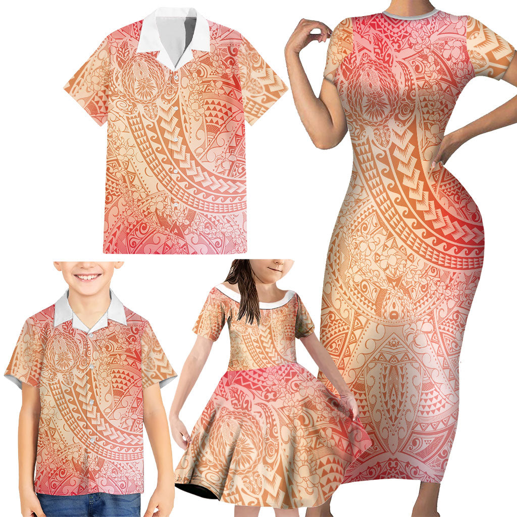Hawaiian Turtles and Leis Family Matching Short Sleeve Bodycon Dress and Hawaiian Shirt Tribal Kakau Pattern Peach Fuzz Color