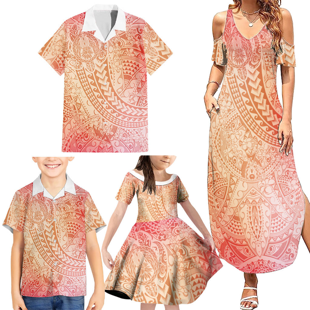 Hawaiian Turtles and Leis Family Matching Summer Maxi Dress and Hawaiian Shirt Tribal Kakau Pattern Peach Fuzz Color