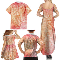 Hawaiian Turtles and Leis Family Matching Summer Maxi Dress and Hawaiian Shirt Tribal Kakau Pattern Peach Fuzz Color