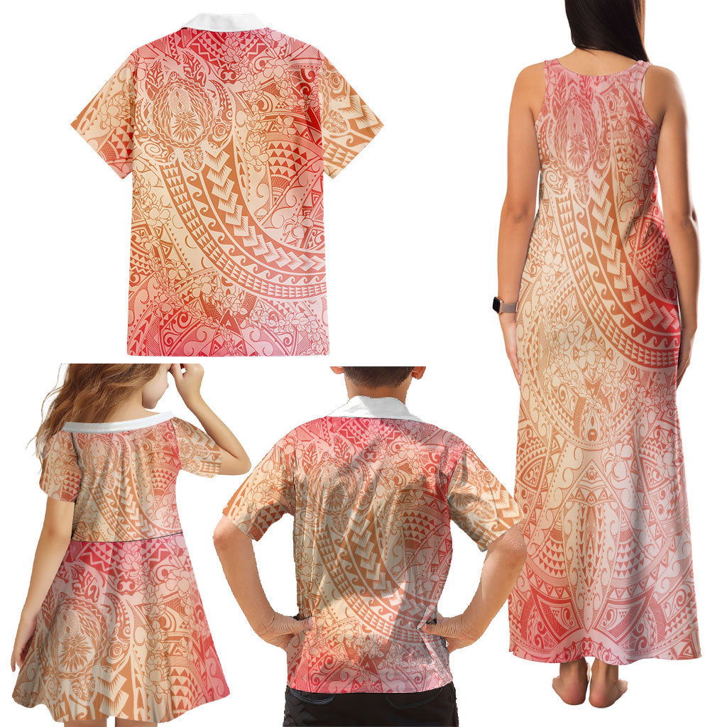 Hawaiian Turtles and Leis Family Matching Tank Maxi Dress and Hawaiian Shirt Tribal Kakau Pattern Peach Fuzz Color