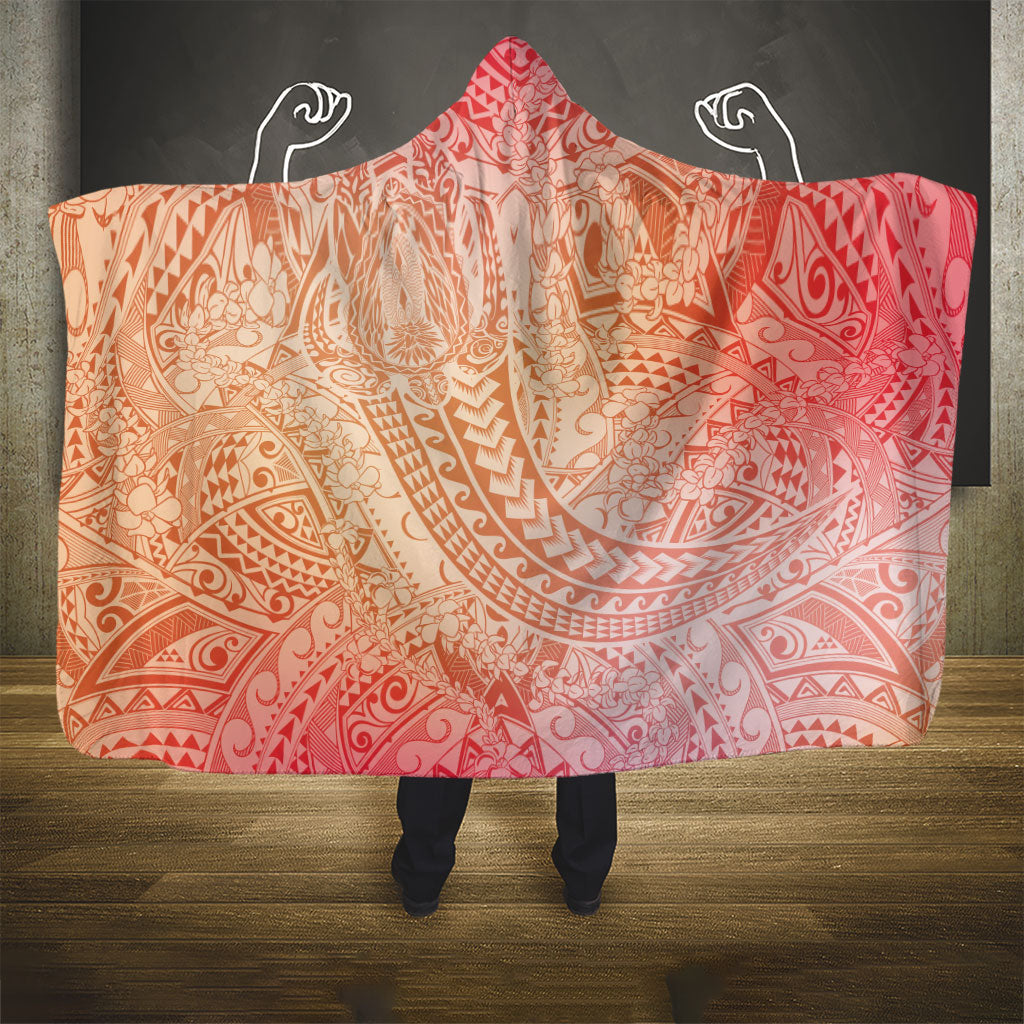 Hawaiian Turtles and Leis Hooded Blanket Tribal Kakau Pattern Peach Fuzz Color