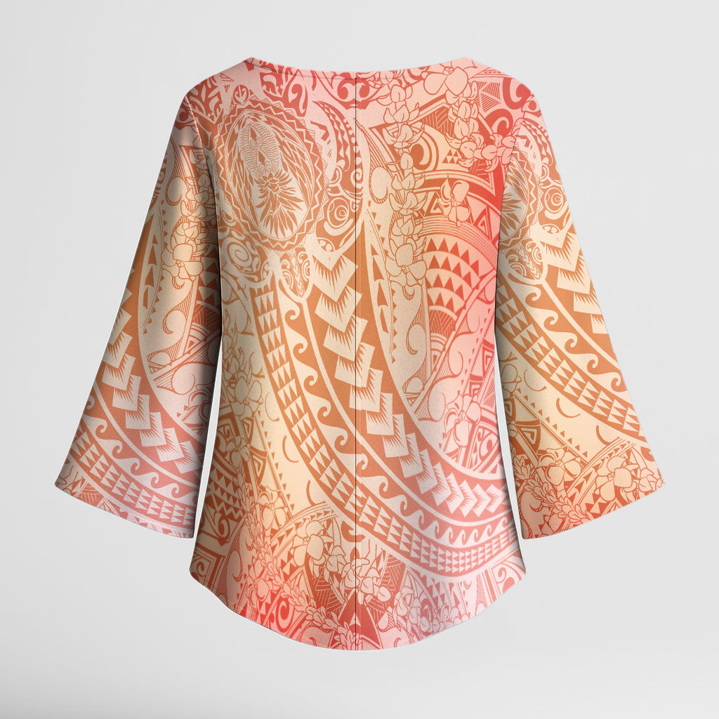 Hawaiian Turtles and Leis Kimono Sleeve Blouse Tribal Kakau Pattern Peach Fuzz Color