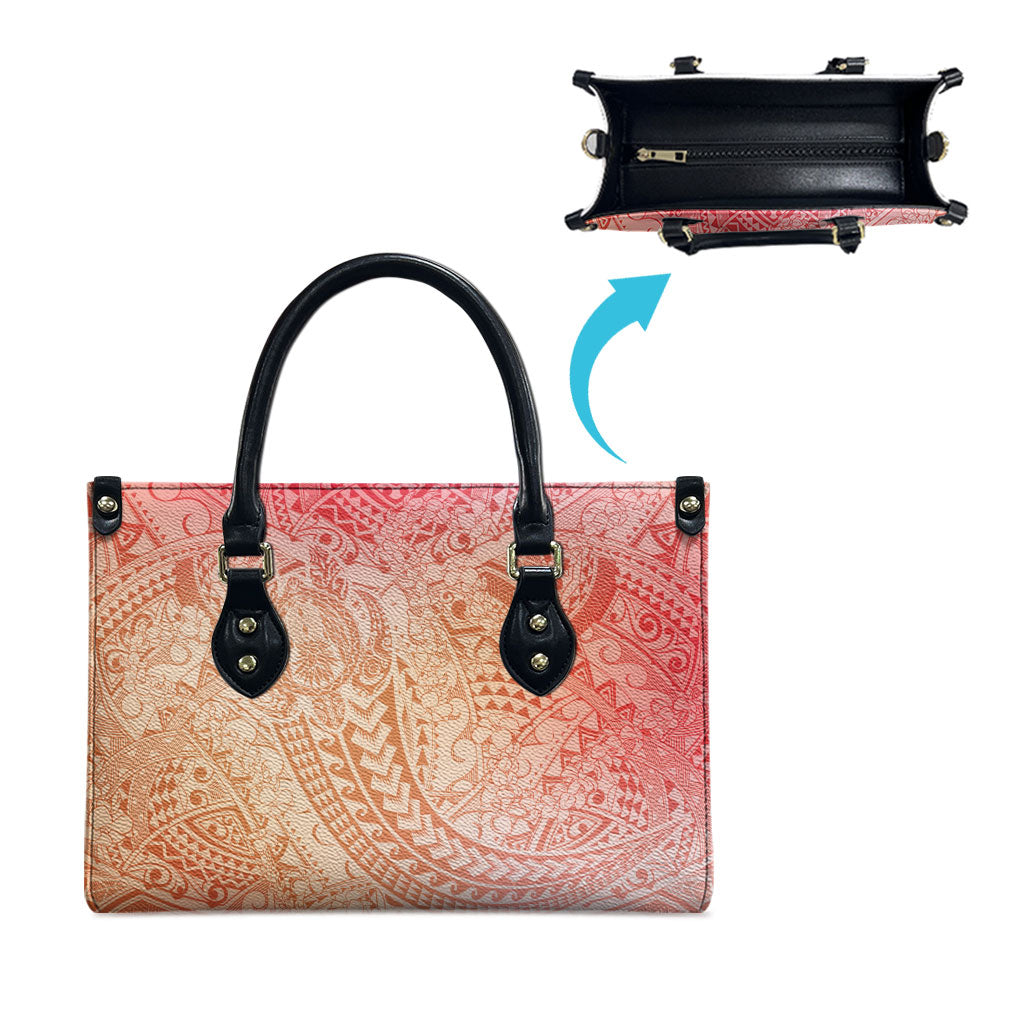 Hawaiian Turtles and Leis Leather Bag Tribal Kakau Pattern Peach Fuzz Color